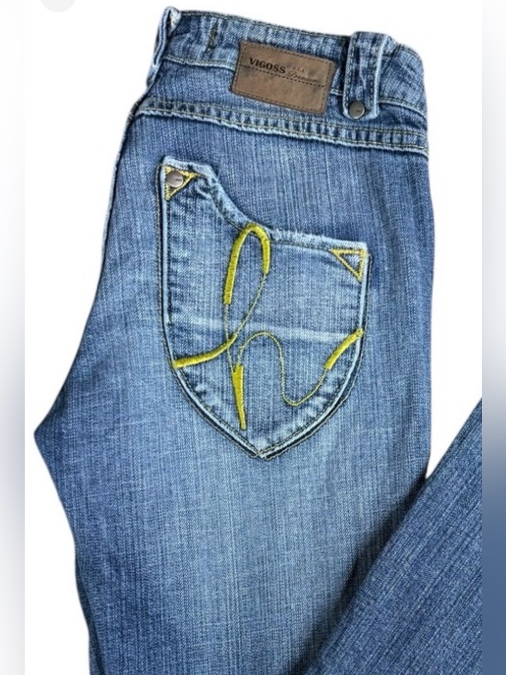 Vigoss Premium Jeans Y2K Light Blue Jeans with Yellow Embroidery Size 3/4